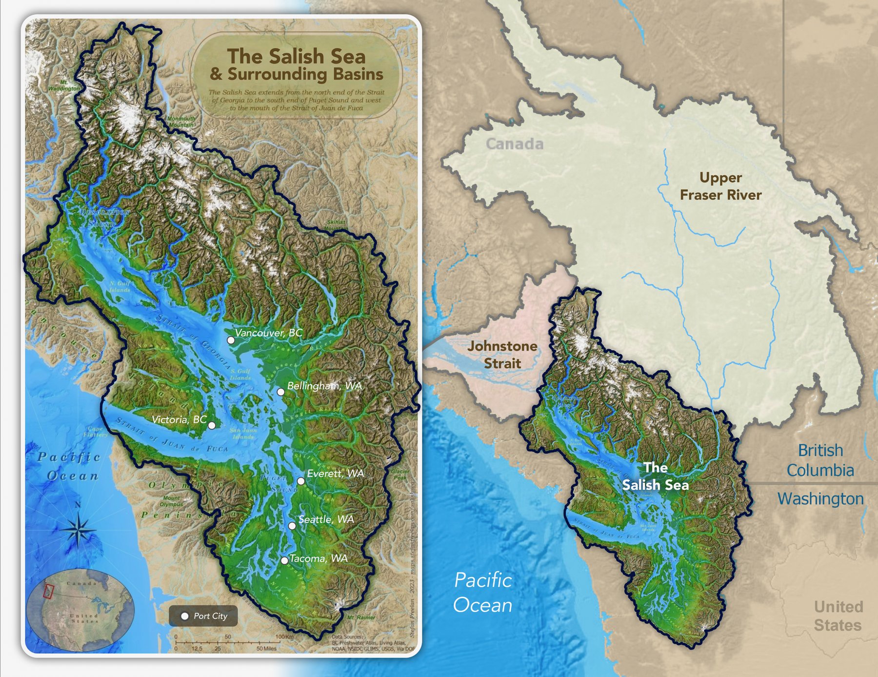 Two maps: the Salish Sea and its surrounding basin in blue and green, and a wider view showing the upper Fraser River basin extending far into British Columbia.