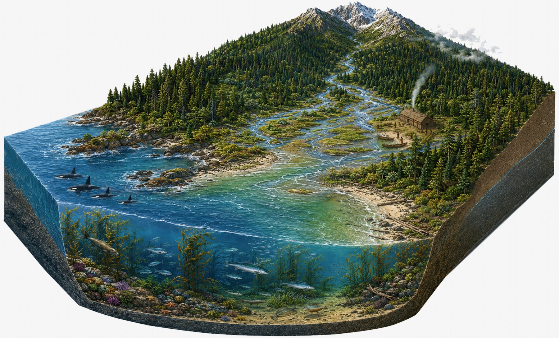 Block diagram of the same coastline before development: forested mountains, a river delta, a natural estuary, and open water with no city or port.