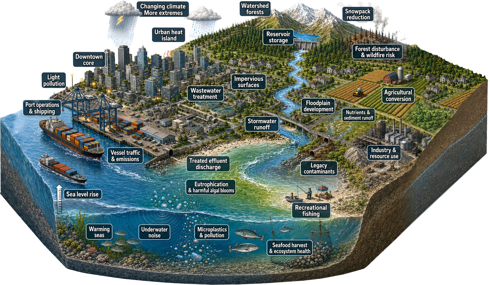 Block diagram of a modern Urban Sea System: a port city and its watershed on a coastal plain, labeled with pressures such as port operations, stormwater runoff, treated effluent, sea level rise, warming seas, and wildfire risk.