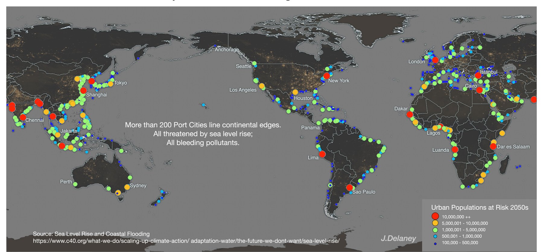 World map with more than two hundred port cities marked along the coastlines of every inhabited continent, sized by population.
